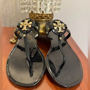 Tory Burch Mini Miller Jelly Black and Gold Sandals sz 6 New Without Box!